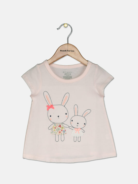 Baby Girls Embroidered Cotton Bunny Sisters T-Shirt Pale Blush