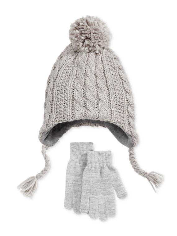 Boys 2-Pc. Cable-Knit Pom-Pom Hat & Gloves Set Grey