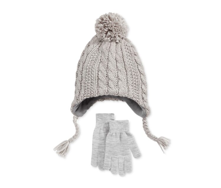 Boys 2-Pc. Cable-Knit Pom-Pom Hat & Gloves Set Grey