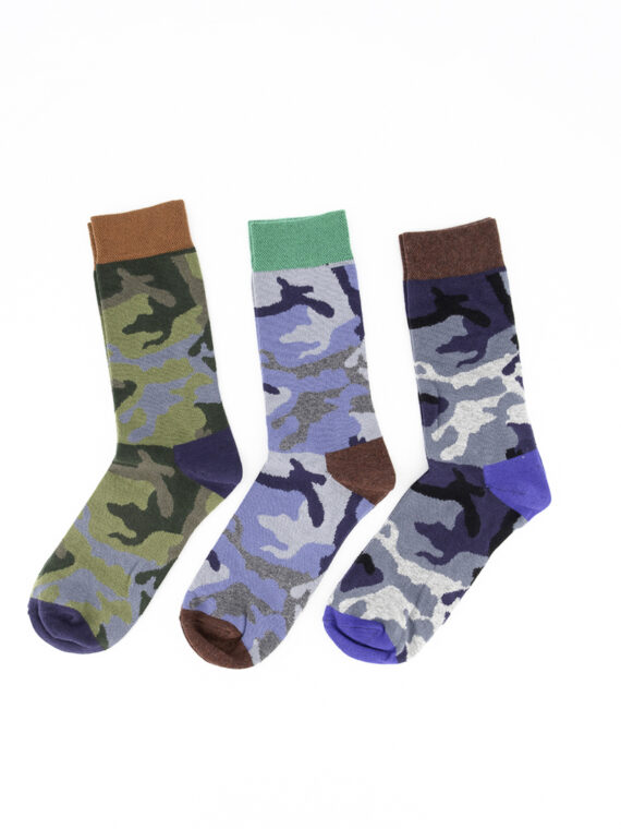 Mens 3 Pairs Camouflage Socks Maroon/Green/Blue