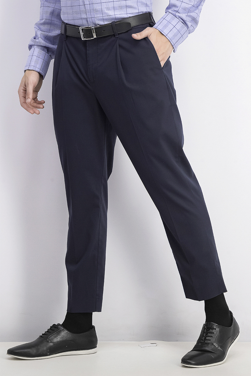 Mens Straight Fit Cropped Pleated Pants Navy, Artefact