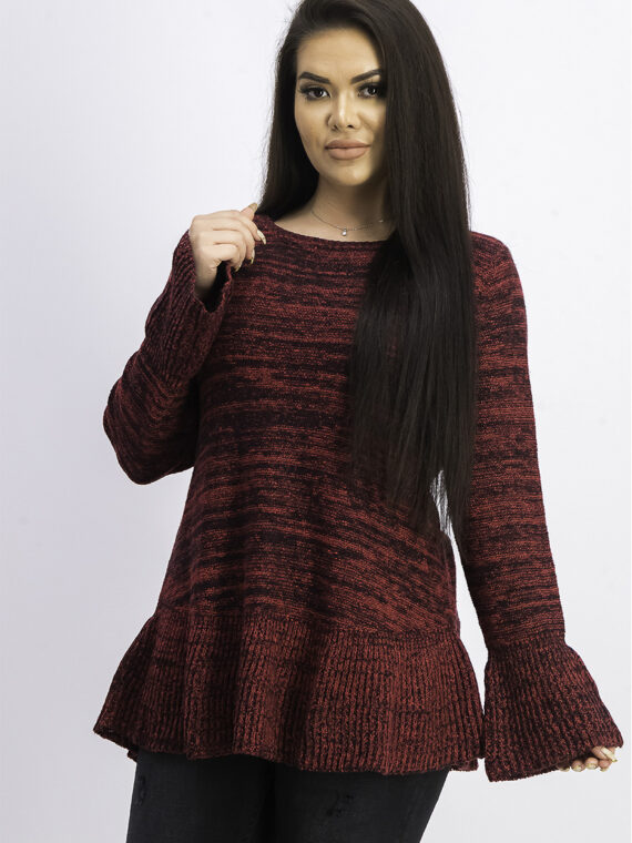 Womens Bell Sleeve Knit Sweater Red Polish/Deep Black