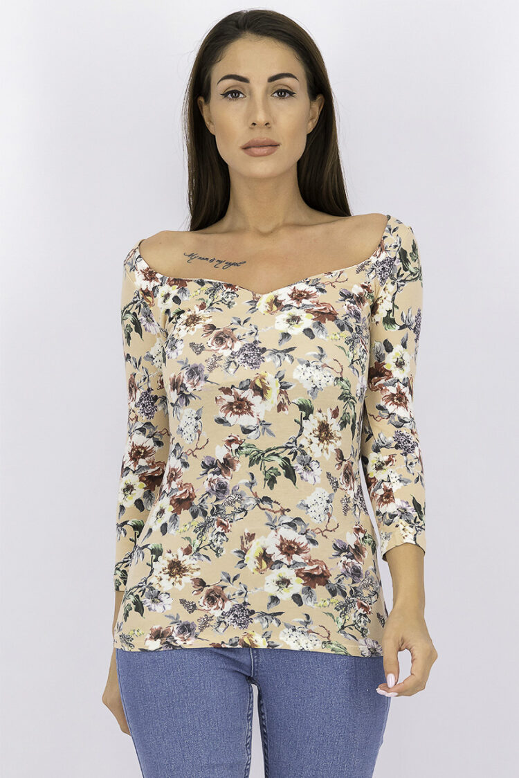 Womens Boat Neck Floral Top Peach Combo