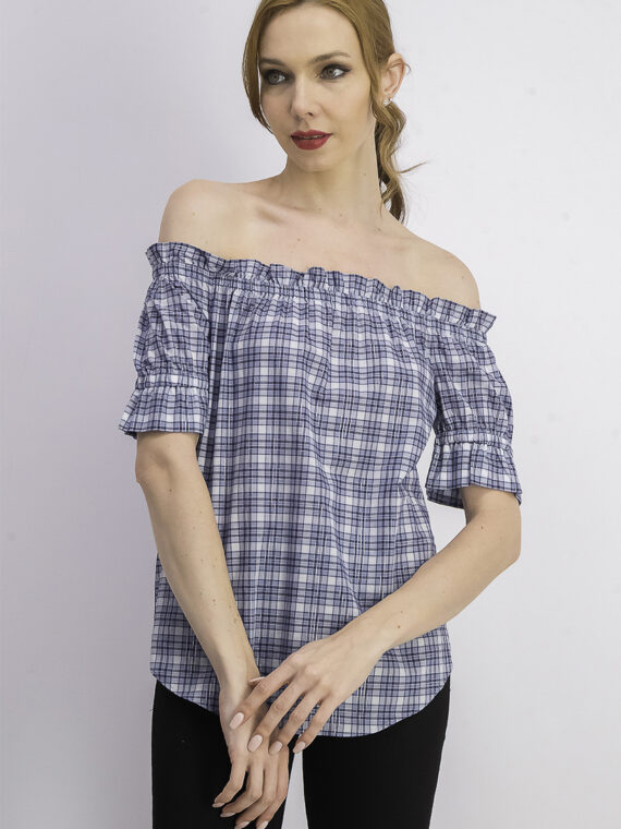 Womens Checkered Off Shoulder Top Blue