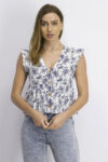 Womens Floral Print Flutter Sleeve Top White/Navy Blue