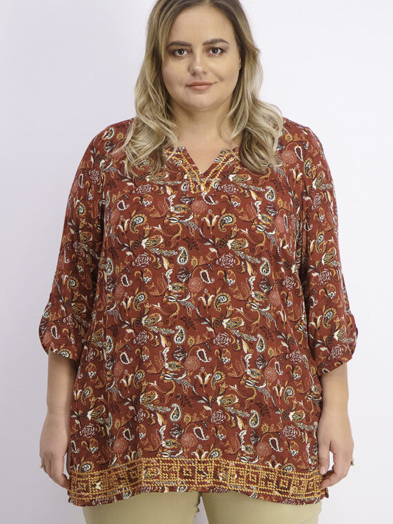 Womens Plus Size Naylean Embroidered Tunic Top Burgundy