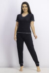 Womens Short-sleeve Top Drawstring Pajama Set Black/Navy
