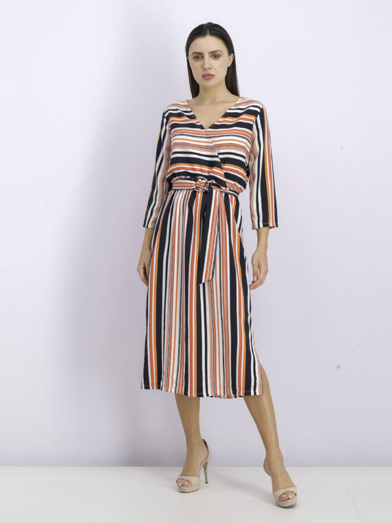 Womens Stripe Midi Dress Ivory/Black/Orange