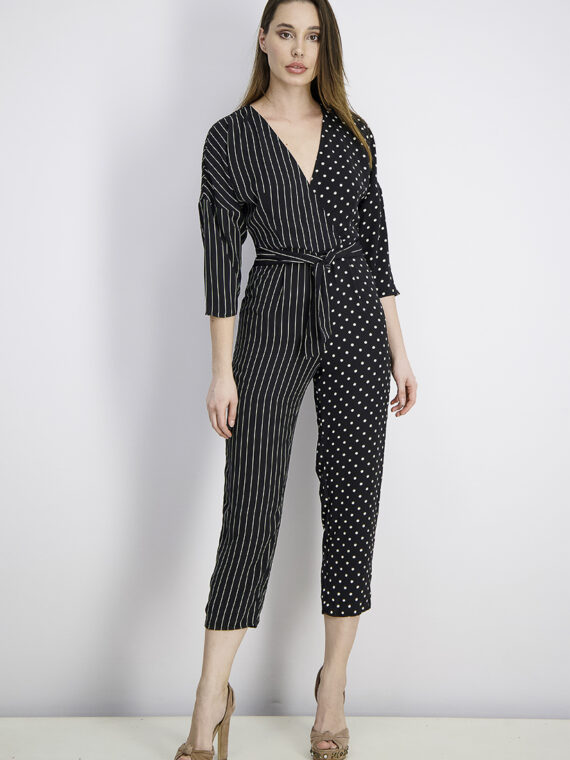 Womens Stripe/Polka Dots Long Combined Jumpsuit Black