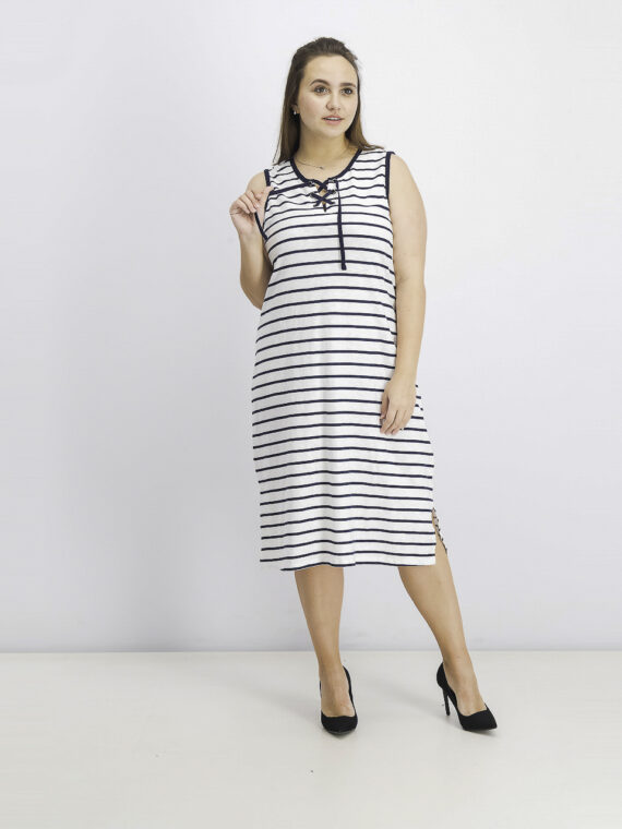 Womens Striped Lace-Up Midi Dress Summer Stripe Blue