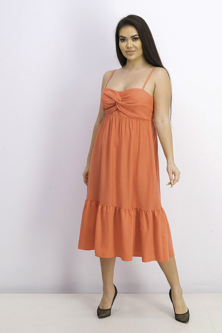 Womens Twist-Front Linen-Blend Midi Dress Grapefruit