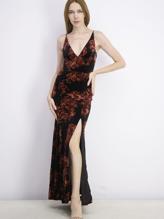 Womens Velvet Floral-Print Sleeveless Gown Maroon/Black