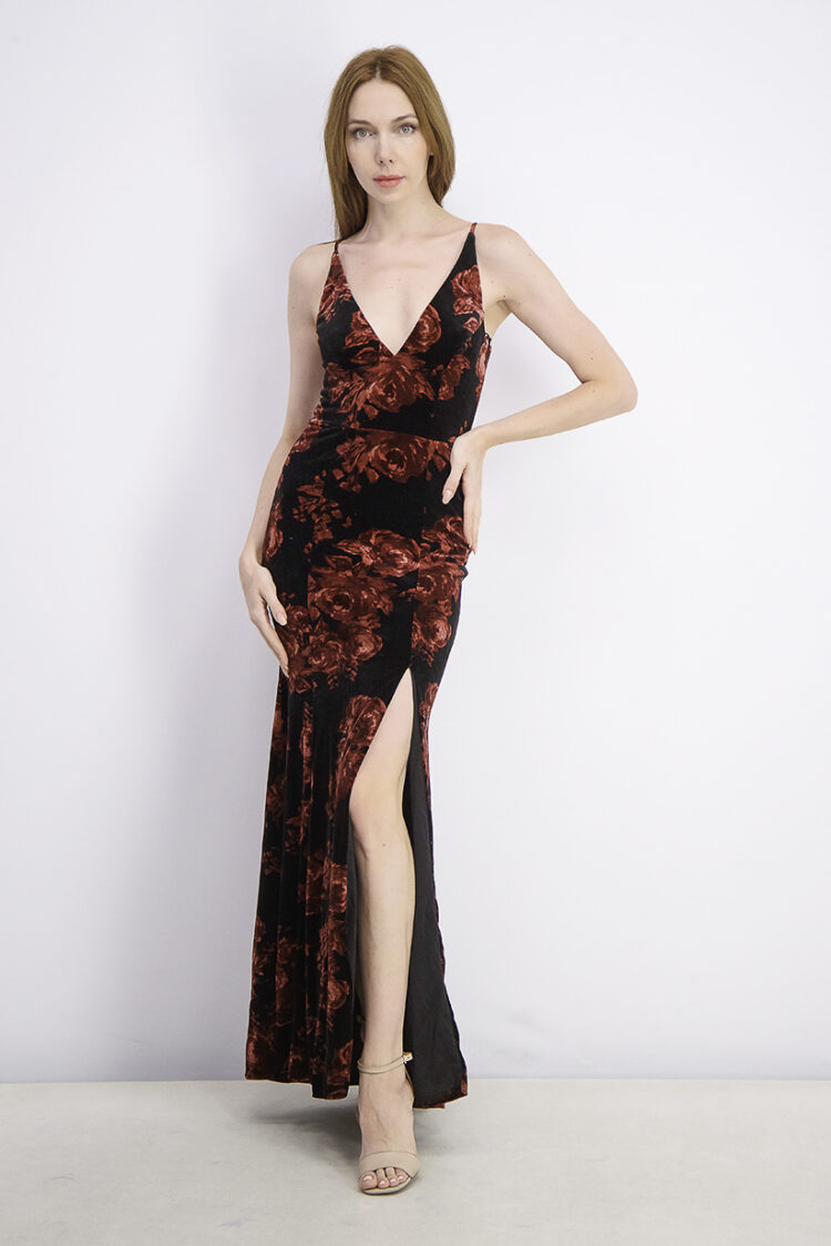 Womens Velvet Floral-Print Sleeveless Gown Maroon/Black