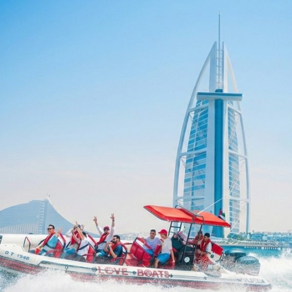60-minute Love Boat/Speed Boat Cruise: Iconic Dubai Landmarks Swim Shop Online at Special Price from Oman Mega Deals